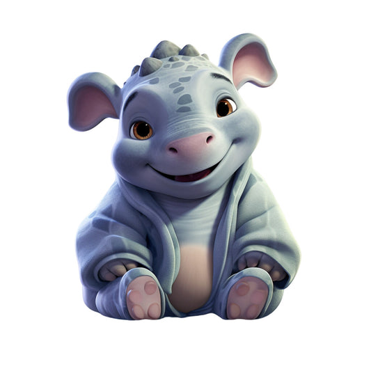 baby hippo, cartoon animal, pajamas, sleepwear, nursery theme, cute character, sitting pose, gray blue, lavender, soft pink, adorable expression, children's fabric, quilting panel, cotton fabric, whimsical design, kawaii style, baby animal, plush texture, sweet smile, gentle colors