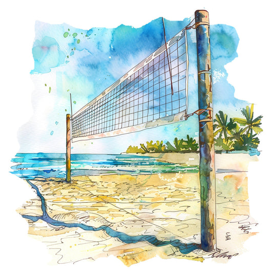 beach volleyball, coastal, ocean, turquoise, sky blue, sandy tan, cream, watercolor, illustration, sports, summer, nautical, tropical, palm trees, sand, waves, water, outdoor recreation, scenic, artistic, modern, casual, athletic, seaside, vacation, leisure, landscape, aquatic, beige, light blue