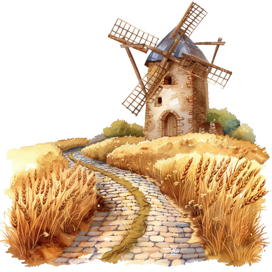 watercolor, windmill, wheat field, cobblestone path, golden yellow, warm brown, sage green, rustic stone, countryside scene, pastoral landscape, summer harvest, european style, soft brushstrokes, fabric panel, quilting cotton, rural setting, rolling hills, vintage mill, organic textures, serene mood