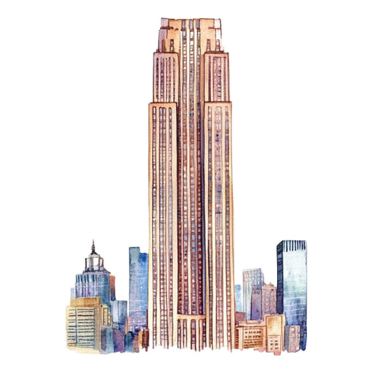 architecture, cityscape, skyline, buildings, urban, new york, art deco, vintage, retro, watercolor, illustration, tan, beige, rust, terracotta, burgundy, navy blue, gray, multi-color, geometric, modern, contemporary, home decor, wall hanging, art quilt, decorative panel, masculine, sophisticated, elegant, city lover