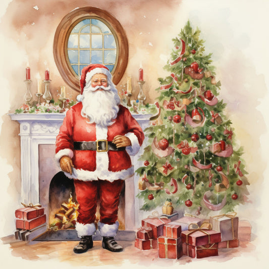 santa claus, christmas tree, fireplace, wrapped gifts, red suit, white beard, holiday scene, watercolor style, fabric panel, quilting cotton, festive decorations, ornaments, candles, mantelpiece, winter theme, jolly santa, christmas presents, cozy interior, seasonal fabric, holiday crafting