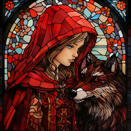 stained glass, little red riding hood, wolf, red hood, crimson, scarlet, brown, amber, floral motifs, fairy tale, mosaic pattern, fabric panel, quilting cotton, gothic art style, fantasy illustration, detailed artwork, rich colors, storytelling theme, children's literature, decorative panel
