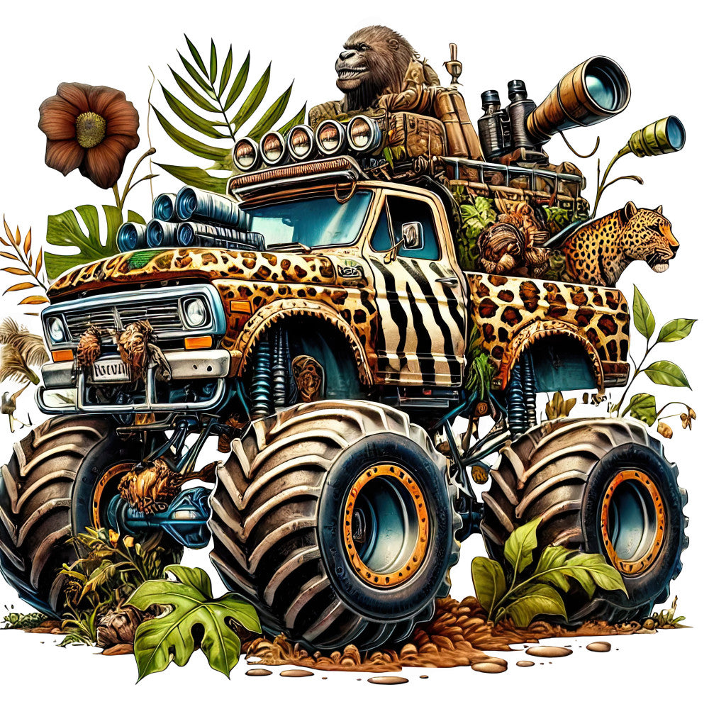 safari adventure, animal print, leopard, zebra, bigfoot, truck, monster truck, jungle, tropical, wildlife, nature, whimsical, steampunk, adventure, bold colors, tan, brown, gold, teal blue, black, orange, vintage truck, expedition, explorer, oversized print, novelty, children's, boys, action-packed, outdoor themed