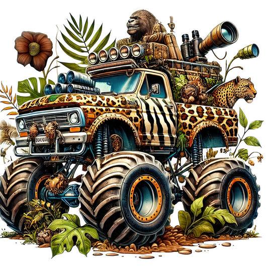 safari adventure, animal print, leopard, zebra, bigfoot, truck, monster truck, jungle, tropical, wildlife, nature, whimsical, steampunk, adventure, bold colors, tan, brown, gold, teal blue, black, orange, vintage truck, expedition, explorer, oversized print, novelty, children's, boys, action-packed, outdoor themed
