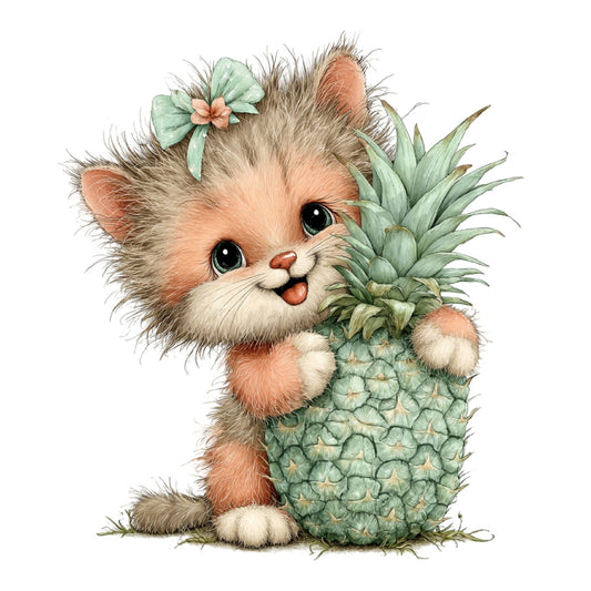 adorable kitten, cat, cute animal, fluffy, pineapple, botanical, whimsical, playful, cream, peach, coral pink, sage green, soft pastels, nature, garden theme, tropical, spring, summer, children, kids, baby, nursery, wall hanging, decorative panel, charming, folk art, illustration style, bow, flower accent