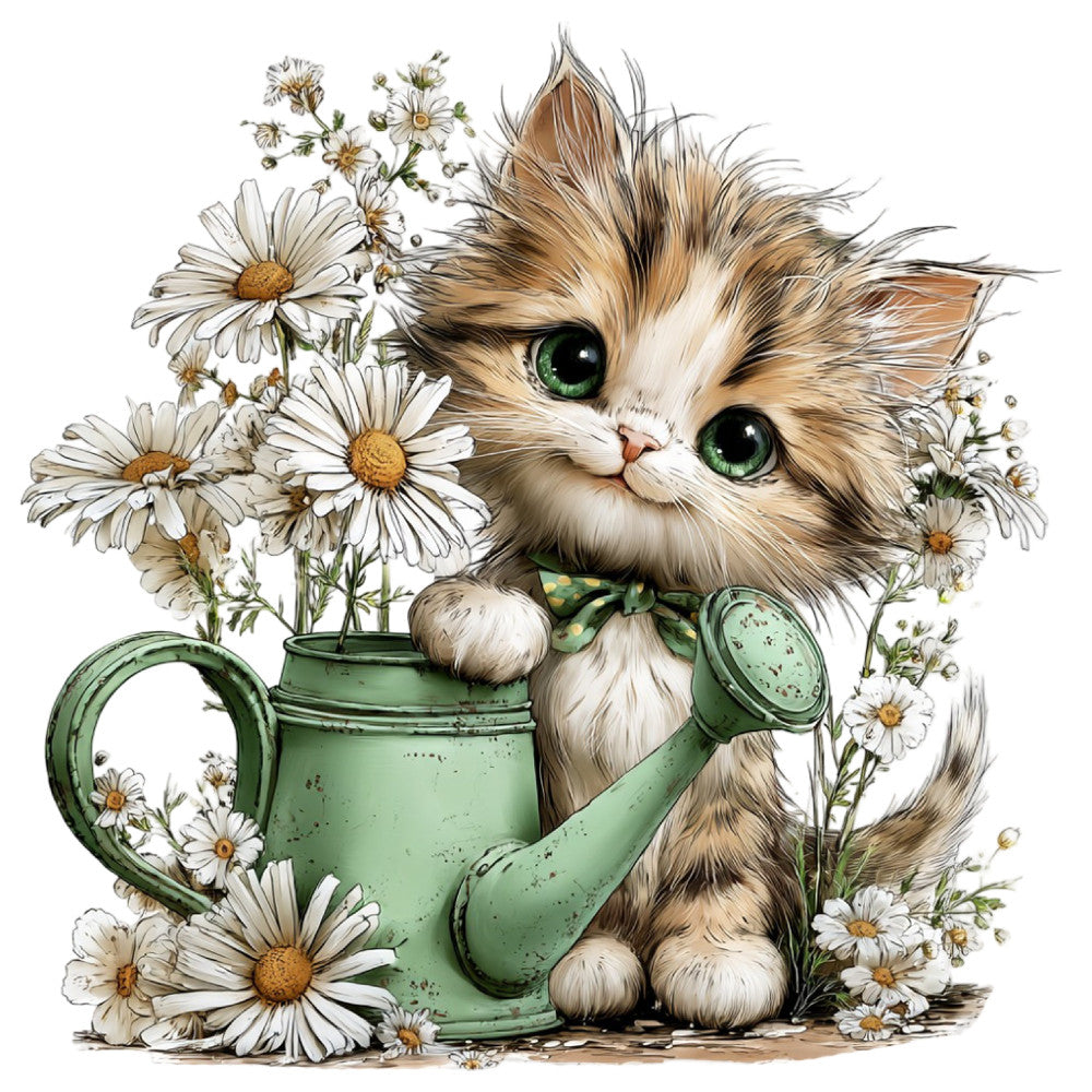 cat, kitten, fluffy cat, green eyes, daisies, white daisies, watering can, garden, spring, whimsical, cute, adorable, animal print, nature, floral, botanical, sage green, cream, white, soft colors, vintage, cottage core, farmhouse, children's fabric, baby fabric, garden theme, daisy flowers, rustic, illustration style, storybook