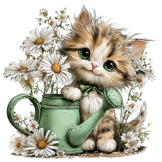cat, kitten, fluffy cat, green eyes, daisies, white daisies, watering can, garden, spring, whimsical, cute, adorable, animal print, nature, floral, botanical, sage green, cream, white, soft colors, vintage, cottage core, farmhouse, children's fabric, baby fabric, garden theme, daisy flowers, rustic, illustration style, storybook