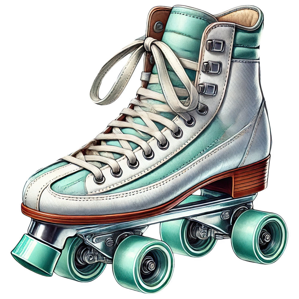 vintage roller skate, turquoise, mint green, cream, silver, retro, nostalgic, 1970s, 70s, roller skates, transportation, sports, whimsical, playful, recreational, wheels, laces, decorative, novelty, hobby, leisure, summer, fun, youth, colorful, detailed illustration, merchandise print, apparel fabric