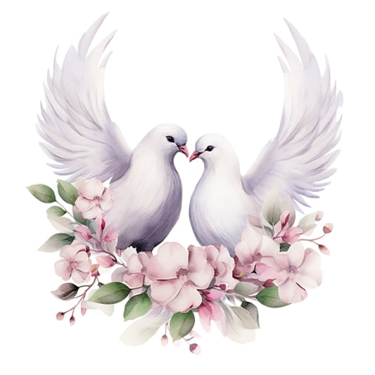 Spring White Doves Fabric Panel 14 featuring two white doves with spread wings surrounded by soft pink flowers on premium quilting cotton.