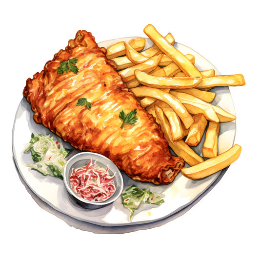 fish and chips, fried food, british cuisine, seafood, golden brown, crispy, parsley garnish, tartar sauce, food illustration, culinary art, restaurant menu, kitchen decor, food themed, gourmet, appetizer, plated food, cream colored, red and white, appetizer print, food lover, culinary themed, gastronomy, traditional meal, comfort food, british theme, vintage kitchen, food art print, saturated colors, realistic illustration, food photography style