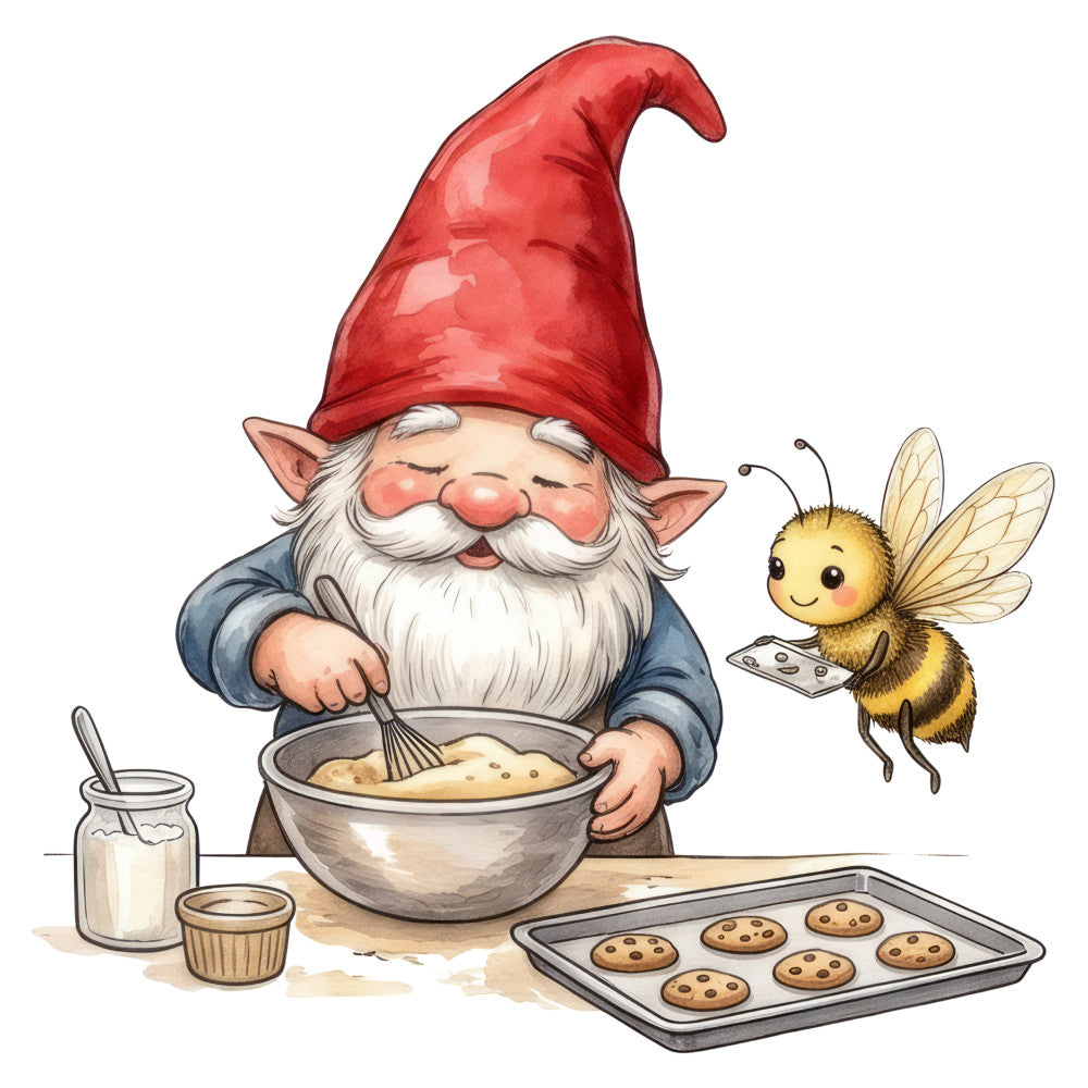 garden gnome, red hat, whimsical, honey bee, baking, cookies, kitchen, gnome baking, child-friendly, storybook, illustrated, fantasy, fairy tale, cream, navy blue, rust red, yellow, cheerful, playful, cottage core, farmhouse, children's, nursery, magical, cute animals, bees, sweet, dessert, vintage storybook, pastoral