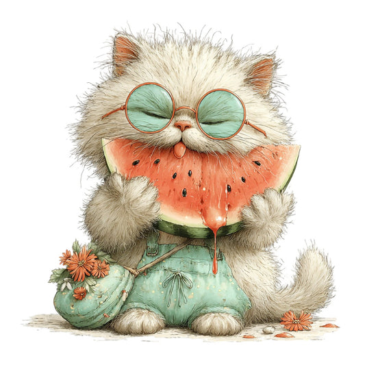cat, kitten, fluffy, watermelon, fruit, whimsical, cute, playful, children's, kids, pastel green, mint green, coral pink, cream white, tan, round glasses, sunglasses, summer, spring, animals, nature-inspired, botanical, flowers, daisies, orange flowers, illustrated, storybook, playful animals, humorous, light-hearted