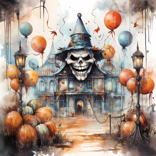 halloween, skull, spooky, witch hat, haunted house, pumpkins, autumn, fall, orange, cream, blue-gray, gray, black, festive, whimsical, gothic, creepy, party, decorative, balloons, lanterns, leaves, trick-or-treat, costume, horror, eerie, vintage, wall hanging, seasonal decor, october