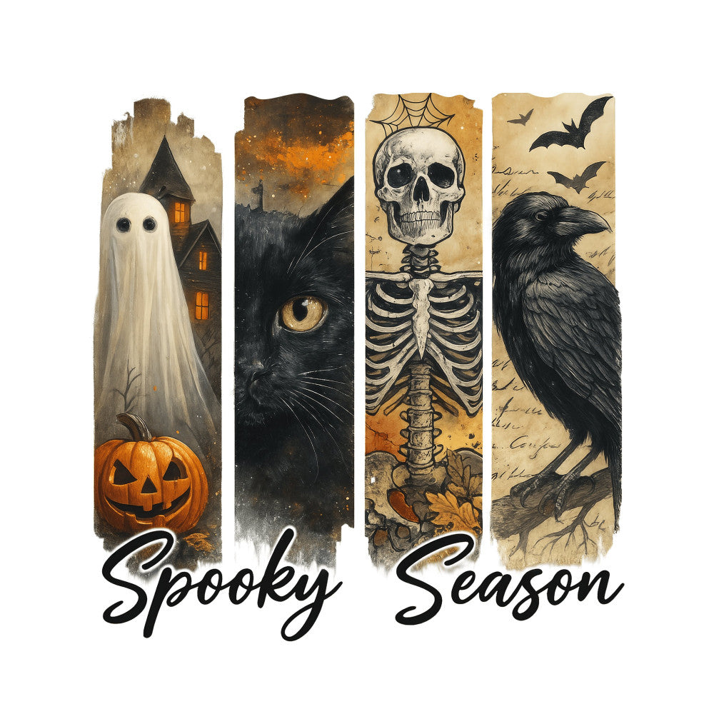 spooky season, halloween, ghost, skeleton, black cat, raven, crow, pumpkin, jack-o-lantern, haunted house, autumn, fall, orange, black, cream, tan, beige, vintage, gothic, dark academia, witchy, creepy, whimsical, spooky style, holiday, festive, wall hanging, home decor, trick-or-treat, october