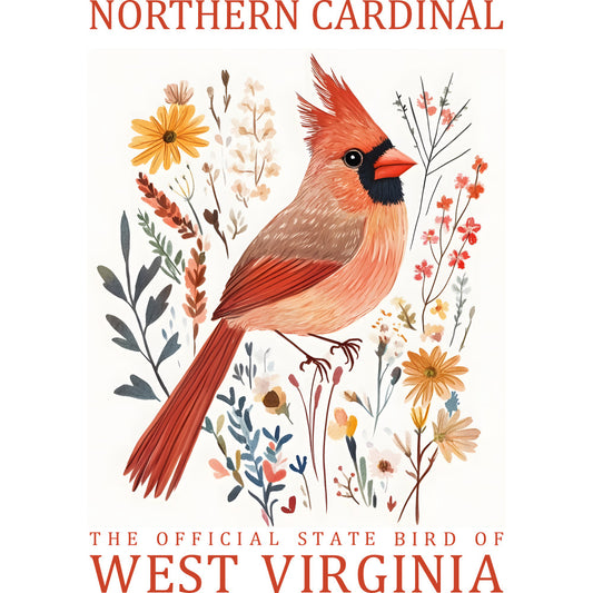 northern cardinal, west virginia, state bird, red cardinal, orange flowers, botanical illustration, wildflowers, fabric panel, quilting cotton, bird artwork, coral red, golden yellow, sage green, floral motif, nature design, wildlife theme, decorative panel, craft fabric, sewing project, autumn colors