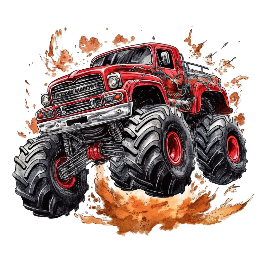 Monster Truck Crushes Fabric Panel 1 features a roaring red monster truck with huge tires kicking up dirt on premium quilting cotton.