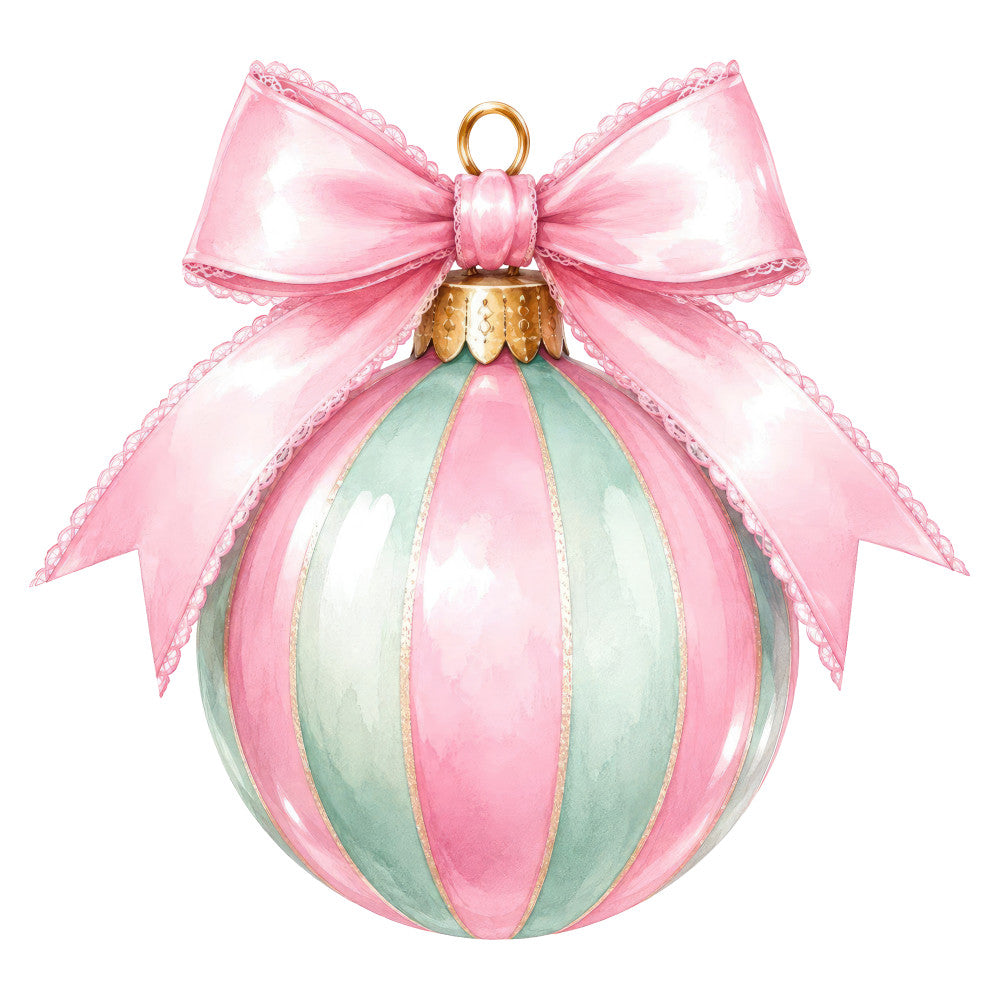 blush pink, sage green, rose pink, gold accents, ornament, baubles, decorative balls, bows, ribbons, lace trim, elegant, festive, christmas, holiday, whimsical, vintage, ornate, dimensional, striped, pastel, feminine, sophisticated, winter, seasonal, gift-themed, luxury, decorative ornament motif, pearl details, metallic gold
