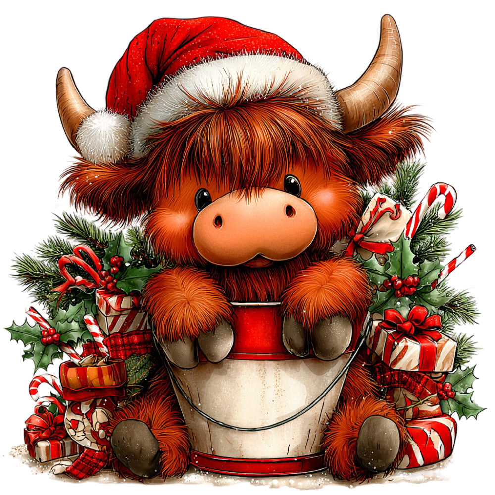 christmas, holiday, festive, red, orange, brown, cream, white, green, highland cattle, highland cow, yak, bull, horns, santa hat, candy canes, gifts, presents, holly, berries, plaid, ribbons, whimsical, cheerful, cute, folk art, traditional, winter, seasonal, december