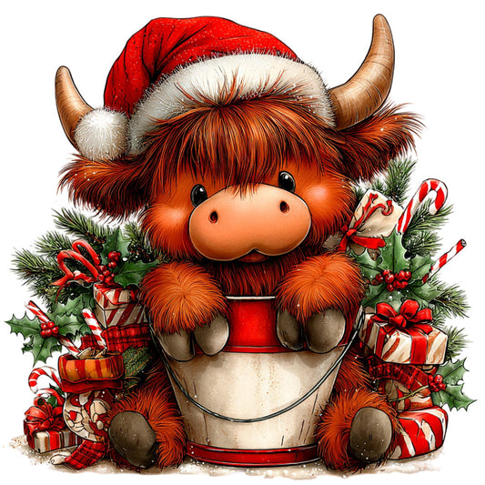 christmas, holiday, festive, red, orange, brown, cream, white, green, highland cattle, highland cow, yak, bull, horns, santa hat, candy canes, gifts, presents, holly, berries, plaid, ribbons, whimsical, cheerful, cute, folk art, traditional, winter, seasonal, december