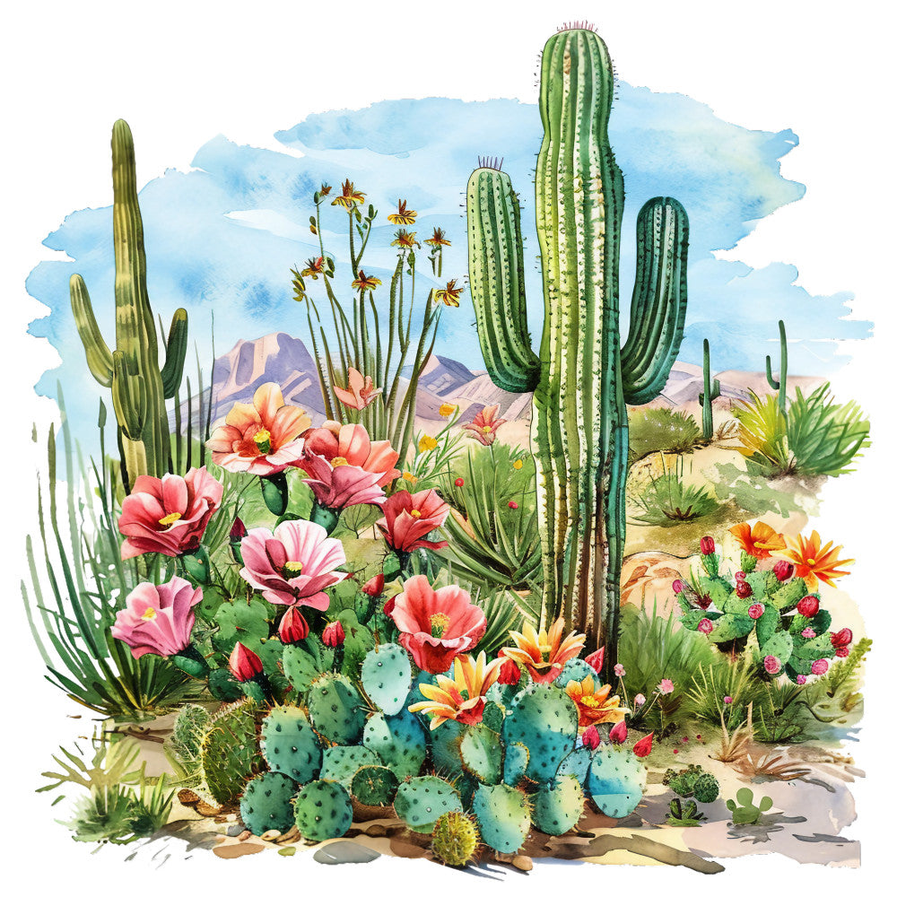 watercolor style, desert landscape, saguaro cactus, prickly pear cactus, coral flowers, pink blooms, orange flowers, turquoise blue, sage green, purple mountains, desert flora, botanical illustration, summer theme, fabric panel, quilting cotton, southwestern design, desert scene, blooming cacti, arid landscape, nature motif