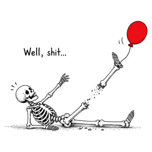 skeleton, red balloon, whimsical, dark humor, gothic, black and white, death, humorous, macabre, cartoon, illustrative, quirky, modern, line art, pop art, grim reaper, funny, dark comedy, surreal, abstract, tim burton style, spooky, edgy, contemporary, artistic, decorative, wall hanging, apparel, novelty