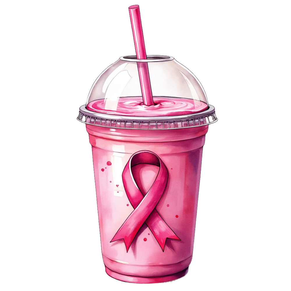pink ribbon, breast cancer awareness, magenta, hot pink, soft pink, drink cup, smoothie glass, dome lid, pink straw, awareness ribbon, fabric panel, quilting cotton, health awareness, support theme, beverage illustration, gradient pink, charity design, medical awareness, fundraising motif
