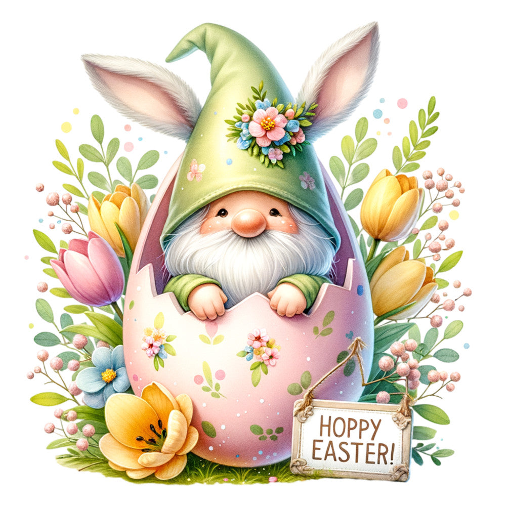 easter gnome, bunny ears, fabric panel, spring flowers, pastel colors, pink egg, yellow tulips, green hat, white beard, floral wreath, easter themed, whimsical illustration, quilting cotton, seasonal panel, garden gnome, cottage core, soft pastels, botanical elements, easter decoration, children's fabric