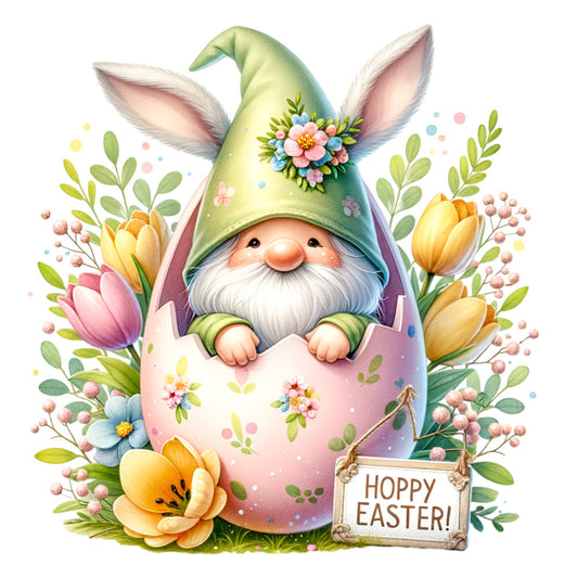 easter gnome, bunny ears, fabric panel, spring flowers, pastel colors, pink egg, yellow tulips, green hat, white beard, floral wreath, easter themed, whimsical illustration, quilting cotton, seasonal panel, garden gnome, cottage core, soft pastels, botanical elements, easter decoration, children's fabric