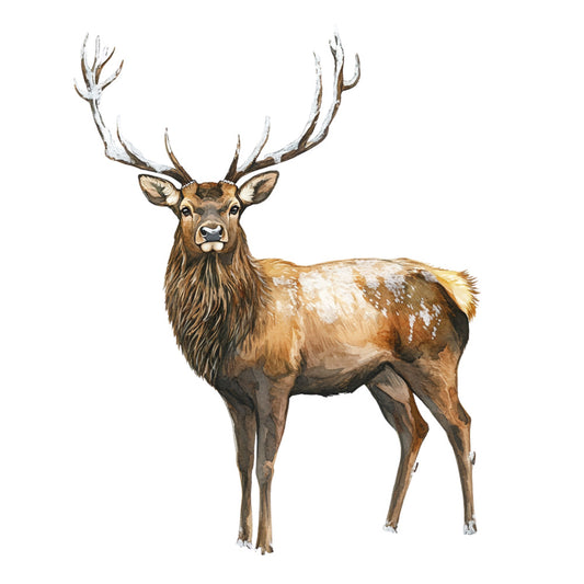 stag, deer, antlers, brown, tan, beige, white spots, winter, scotland, wildlife, nature, majestic, watercolor style, fabric panel, quilting cotton, animal portrait, scottish highlands, rustic, woodland creature, neutral tones