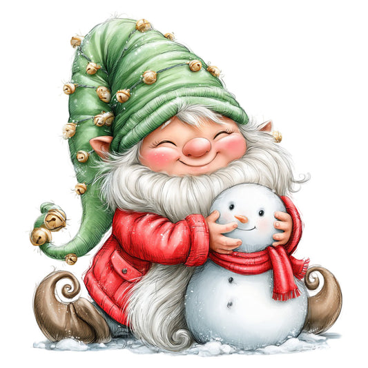 gnome, christmas, holiday, winter, festive, whimsical, elf, red, green, white, gold, cream, forest green, bright red, snowman, snow, magical, jolly, cute, children, kids, seasonal, december, christmas decoration, storybook, vintage christmas, traditional holiday, character, cheerful, playful