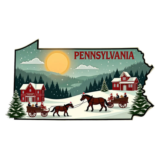 Christmas US States Fabric Panel 13 featuring Pennsylvania with horse-drawn sleighs, snowy landscape, and red houses on quilting cotton.