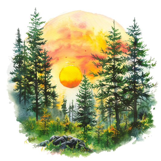 watercolor painting, forest landscape, pine trees, evergreen trees, sunset scene, orange sun, yellow colors, coral pink, sage green, nature scene, woodland design, summer theme, artistic style, fabric panel, quilting cotton, landscape art, trees silhouette, warm colors, outdoor scene, botanical print