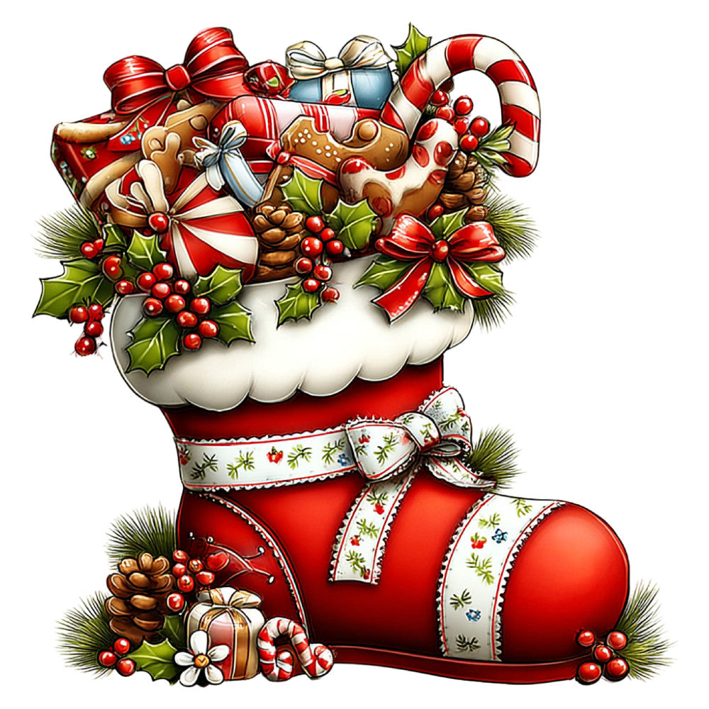 christmas, holiday, red, cream, white, gold, green, candy cane, gingerbread man, peppermint, festive, traditional, vintage, whimsical, santa boot, stocking, holly, berries, candy, sweets, bows, ribbons, pine needles, decorative, seasonal, winter, christmas stocking, holiday charm, nostalgic, retro christmas