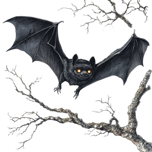 black bat, orange eyes, nocturnal, gothic, halloween, spooky, creepy, dark branches, bare tree, woodland, nature, animal, detailed illustration, ink drawing, charcoal, monochromatic, black and white, autumn, fall, seasonal, horror, witchy, mysterious, eerie, realistic, naturalistic, dark aesthetic