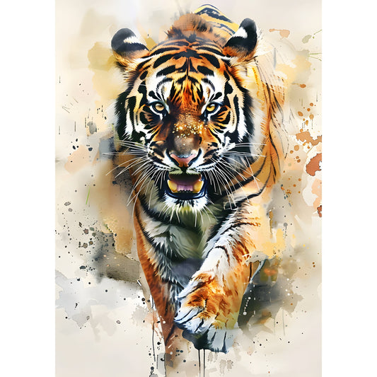 tiger, wildlife, big cats, orange, black, white, gold, cream, beige, tan, watercolor, abstract, splatter, ink wash, animal portrait, nature, modern, artistic, contemporary, dramatic, bold, striking, wall art, home decor, statement piece, feline, majestic, wild, nature lover, safari theme