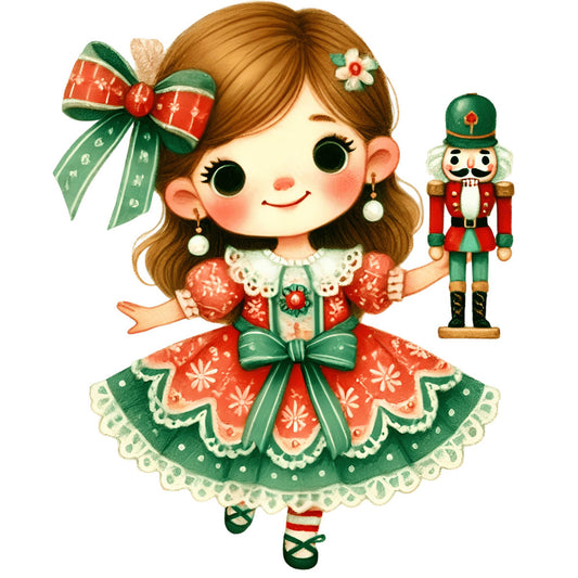 coral red, forest green, cream, vintage girl, nutcracker, christmas, holiday, whimsical, retro, festive, bow, lace trim, traditional, winter, nostalgic, children's, doll, toy soldier, cheerful, charming, snowflake, plaid, hand-drawn, cute, decorative motifs, seasonal, joyful, classic holiday