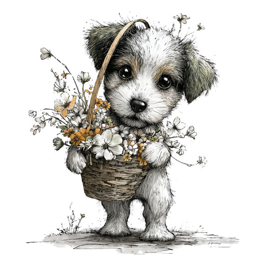 puppy, dog, cute animals, flowers, floral, daisies, white flowers, cream, black and white, tan, beige, gold, botanical, nature, whimsical, charming, storybook, illustration, vintage, children's, baby, spring, easter, gardening, basket, insects, bees, butterflies, gentle, sweet