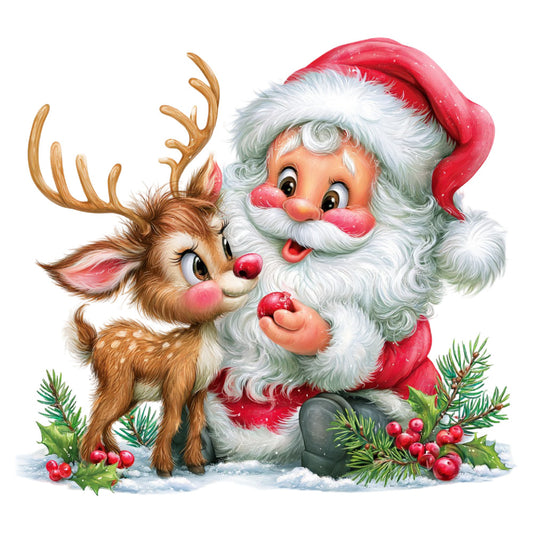 santa claus, reindeer, christmas, holiday, red, white, cream, forest green, winter, festive, whimsical, vintage, retro, nostalgic, cheerful, jolly, cute animals, wildlife, nature, seasonal, traditional, decorative, children's, playful, evergreen branches, holly berries, snow, panel design, character print