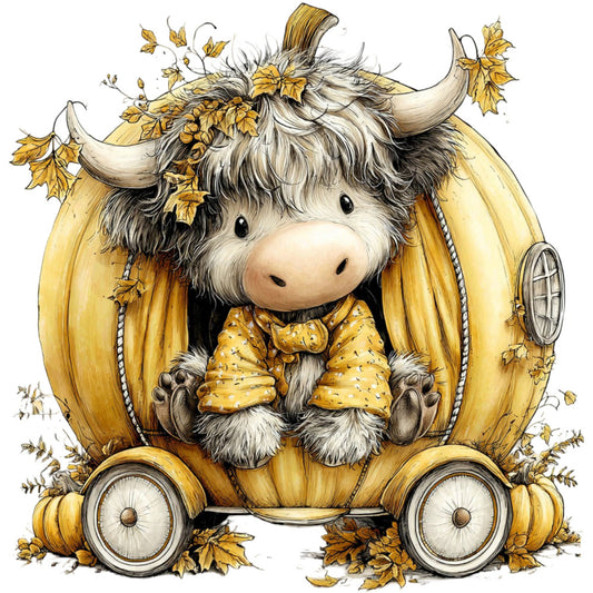 cream, golden yellow, warm gold, charcoal gray, black, autumn gold, whimsical, farmhouse, vintage, cute animals, cow, highland cattle, highland cow, fall leaves, maple leaves, golden leaves, autumn theme, countryside, rustic, charming, storybook, children's, nursery, decorative motif, vehicle wheels, pumpkin carriage, fairy tale, autumn harvest, seasonal