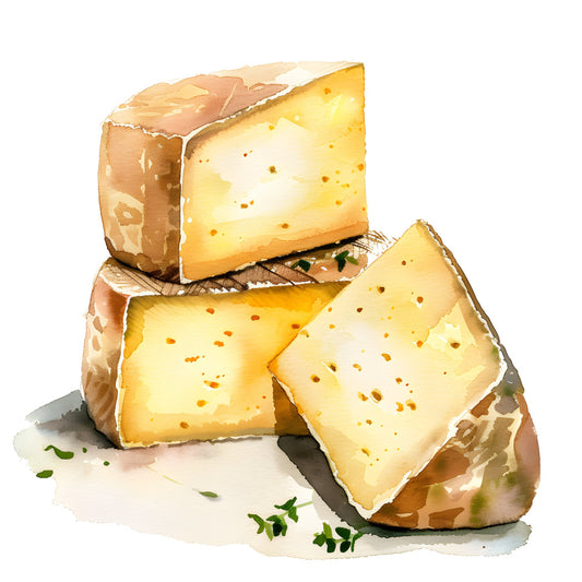 cheese, food, gourmet, culinary, farmhouse, rustic, kitchen, butter yellow, cream, golden yellow, tan, brown, food illustration, realistic, still life, farm fresh, artisanal, cottage core, european, delicacy, food art, gourmand, chef, bakery, dairy, french, appetizer, food themed, novelty, country kitchen