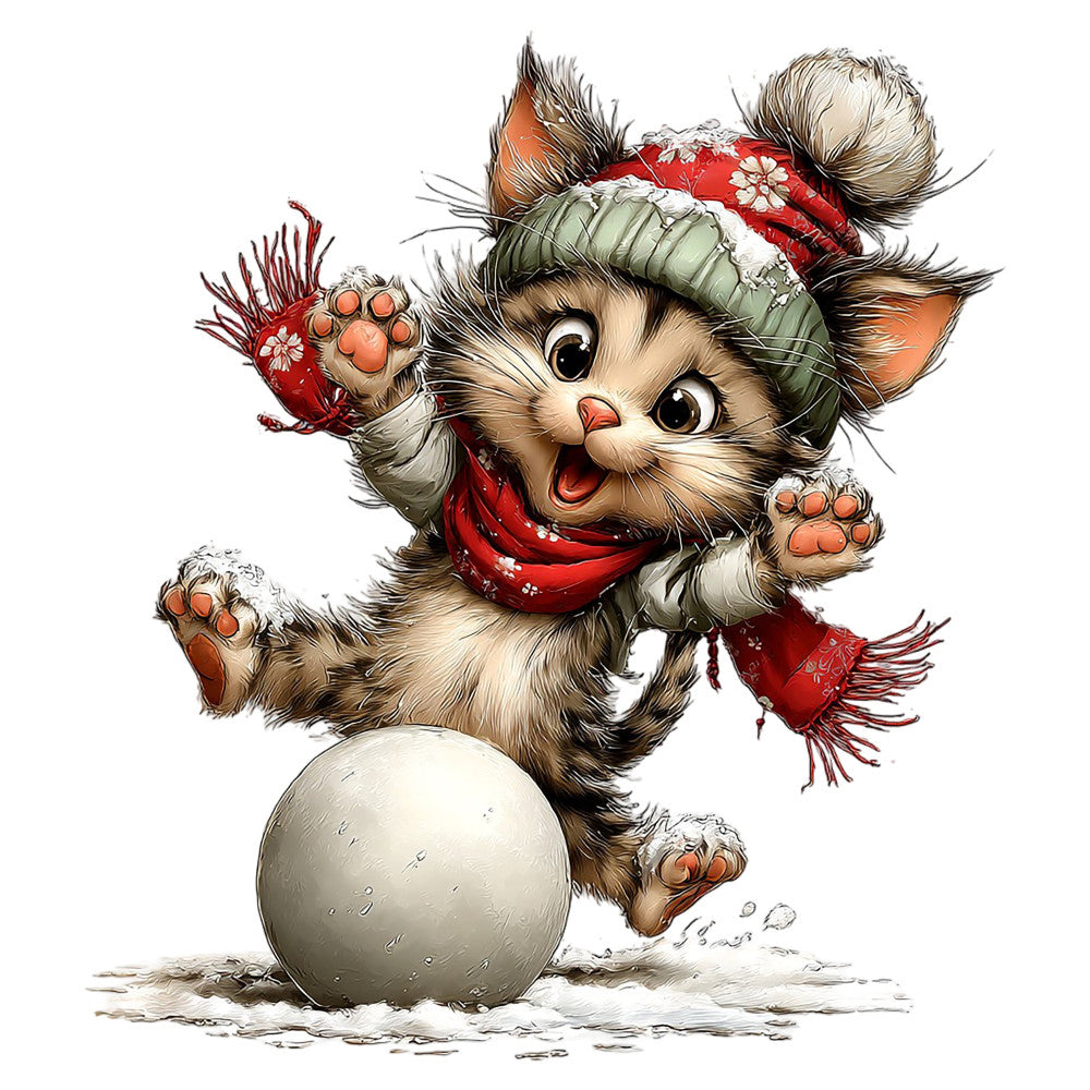 winter cat, holiday kitten, christmas animal, festive feline, snow theme, red and green, cream colored cat, tabby kitten, whimsical animal, playful character, seasonal decor, winter wonderland, christmas panel, holiday fabric, cute cat design, snowball motif, festive clothing, winter fashion, children's theme, joyful expression, cream white, forest green, coral pink paws, traditional holiday, vintage style, cheerful design, family friendly, storybook illustration, cozy winter, holiday decoration