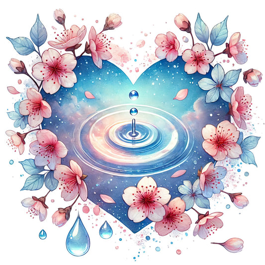 heart-shaped, floral, pink flowers, blue background, water droplets, celestial, dreamy, whimsical, nature, botanical, cherry blossoms, delicate flowers, pastel pink, navy blue, turquoise, ethereal, romantic, elegant, spring, summer, water ripples, fantasy, magical, soft colors, feminine, garden theme, peaceful, serene, decorative panel, artistic
