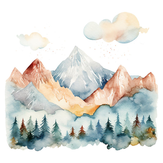 watercolor mountains, landscape, nature, scenic, peaks, alpine, forest, pine trees, evergreen, clouds, sky, soft colors, pastel, watercolor art, dusty rose, coral pink, warm beige, sage green, slate blue, gray blue, muted tones, whimsical, artistic, painterly, rustic, cabin aesthetic, outdoor, wilderness, mountain range, forest scene