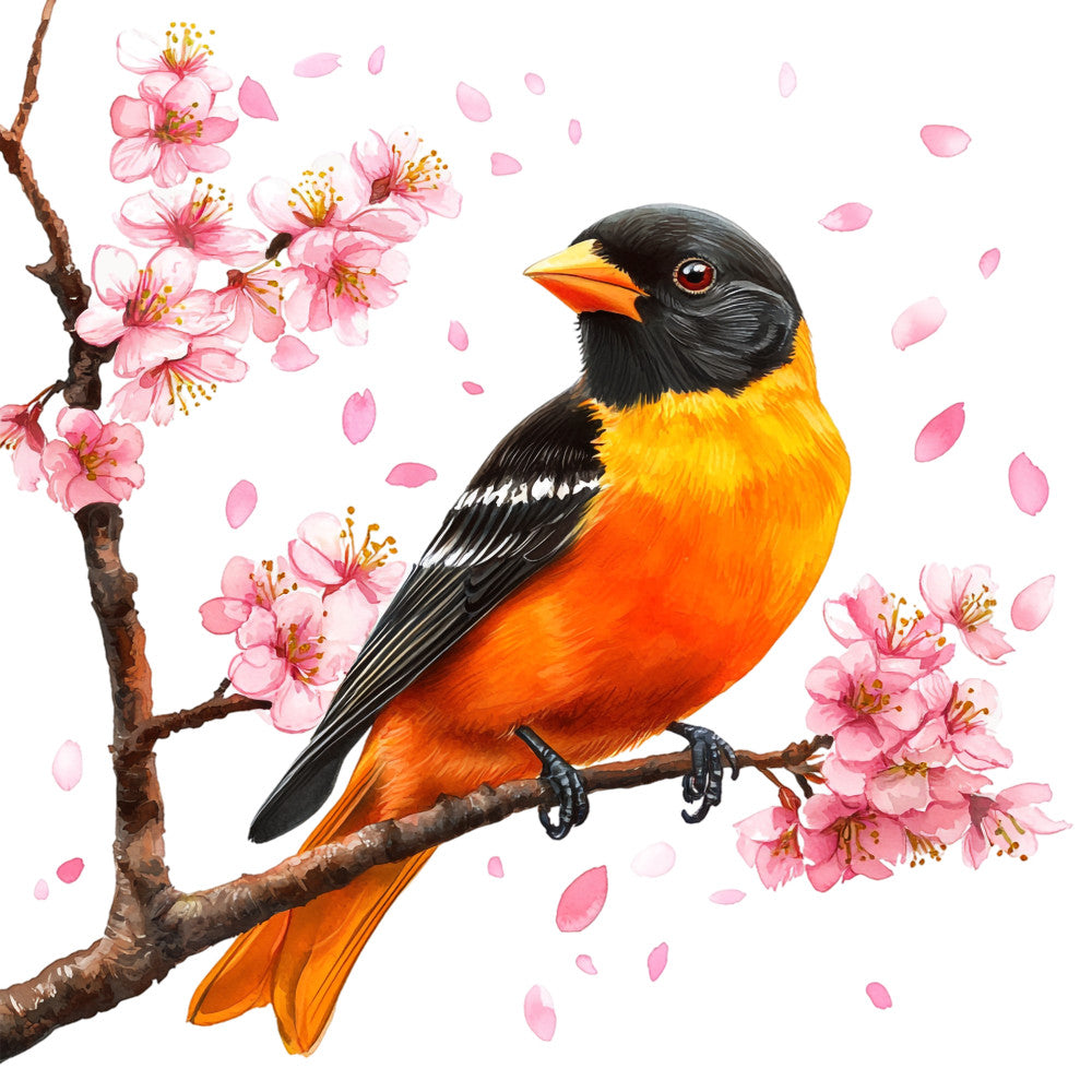 baltimore oriole, bird, cherry blossoms, pink flowers, orange, black, yellow, falling petals, spring theme, nature scene, watercolor style, fabric panel, quilting cotton, floral branch, songbird, botanical design, pastel pink, bright orange, detailed illustration, decorative panel