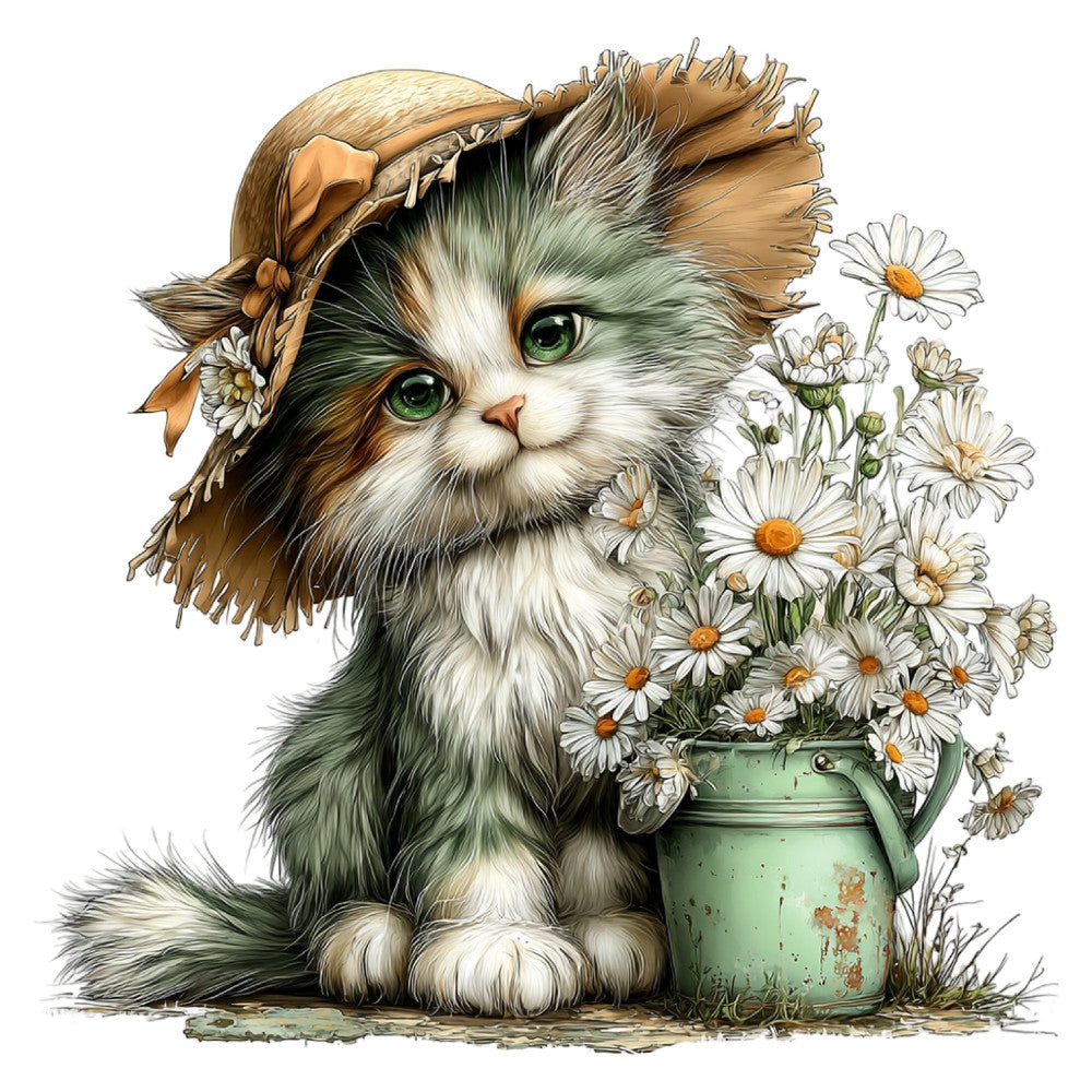 cat, kitten, daisies, flowers, floral, white flowers, green pot, vintage, whimsical, cute, charming, storybook, illustration, nature, animals, woodland, cottage core, farmhouse, spring, cream white, sage green, golden brown, tan, rustic, sweet, gentle, pastoral, decorative, children's, baby
