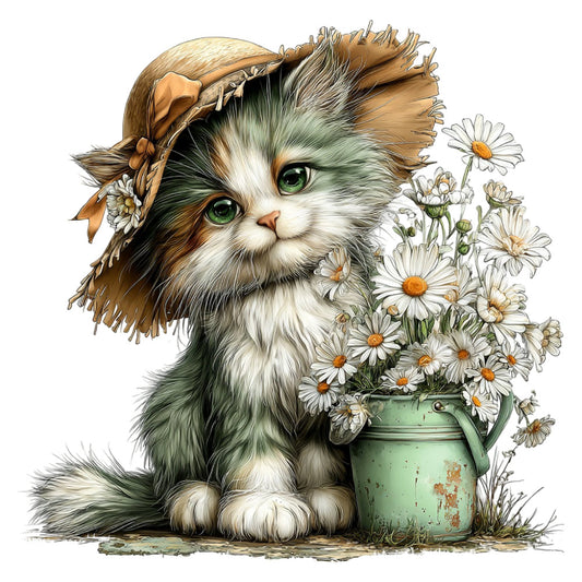 cat, kitten, daisies, flowers, floral, white flowers, green pot, vintage, whimsical, cute, charming, storybook, illustration, nature, animals, woodland, cottage core, farmhouse, spring, cream white, sage green, golden brown, tan, rustic, sweet, gentle, pastoral, decorative, children's, baby