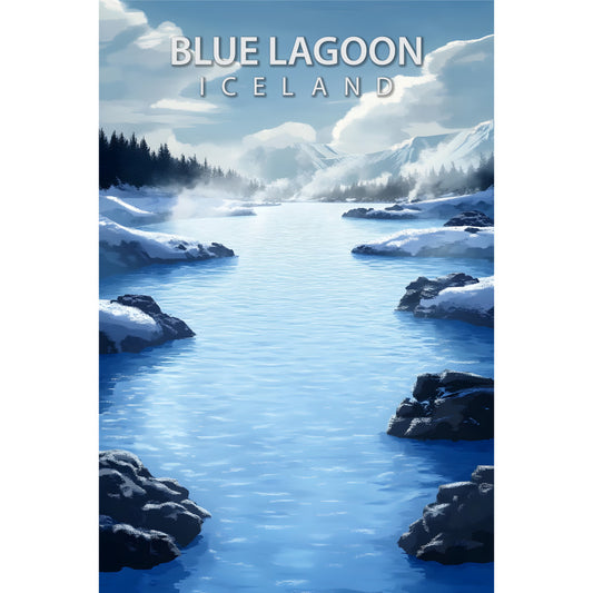 blue lagoon, iceland, geothermal spa, milky blue water, volcanic rocks, snow covered landscape, winter scene, evergreen trees, mountains, clouds, steam rising, fabric panel, travel poster, scenic destination, turquoise water, black lava rocks, snowy terrain, nordic landscape, natural hot springs, peaceful waters