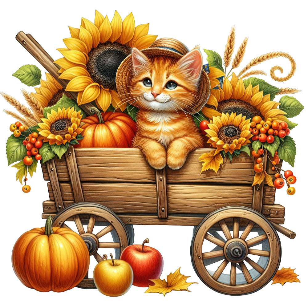autumn, fall, harvest, thanksgiving, cat, kitten, ginger cat, orange cat, sunflowers, pumpkins, apples, wheat, berries, wooden wagon, farmhouse, rustic, vintage, whimsical, gold, orange, warm tones, burnt orange, golden yellow, nature, botanical, seasonal, cottage core, folk art, traditional, cute animals