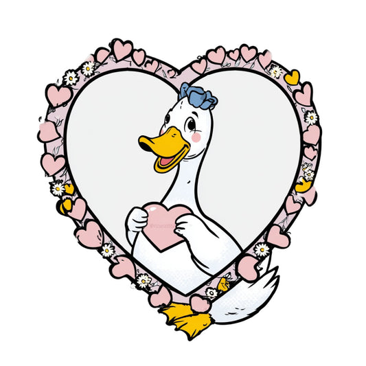 white duck, yellow bill, blue bow, pink hearts, daisy flowers, love themed, whimsical, cute animals, spring, baby quilt, nursery, romance, sweet, gentle, soft pastels, blush pink, cream white, golden yellow, heart border, floral accents, farmhouse style, vintage inspired, girl's room, decorative panel, sentimental, cheerful, playful animals, nature inspired