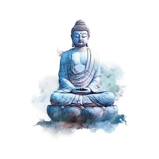 watercolor, buddha, meditation, spiritual, blue tones, purple hues, white, serene, peaceful, lotus base, sitting pose, zen, mindfulness, fabric panel, quilting cotton, religious art, eastern spirituality, tranquil, soft brushstrokes, contemplative